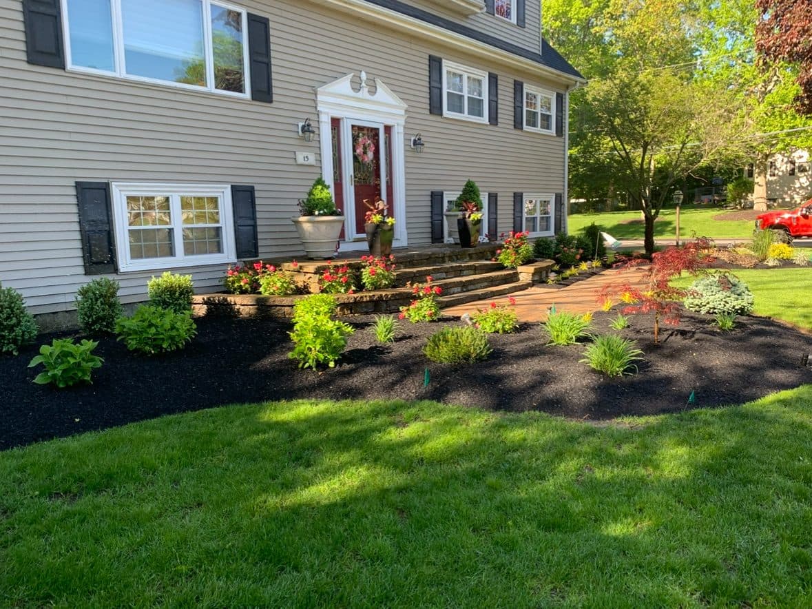 Front foundation beds mulched in black and newly planted beside a granite step entry.